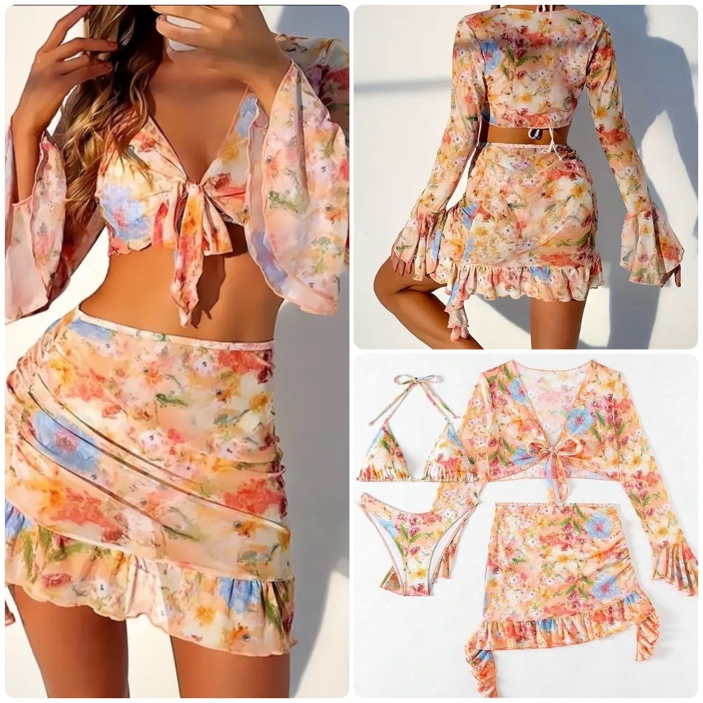 4 Piece Floral Halter Top Bikini Set with Sheer Cover Up & Ruffled Skirt